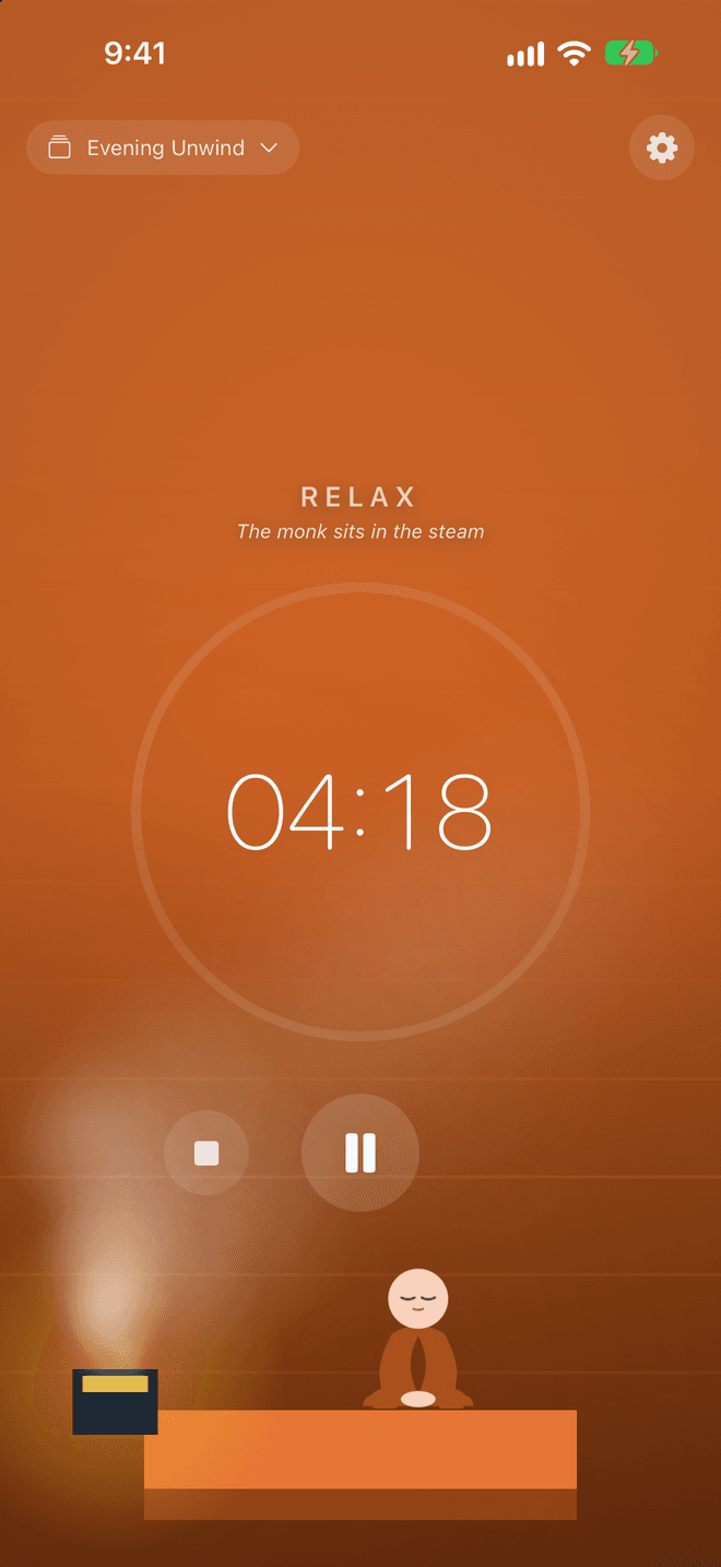 Relaxation: the monk in the steam, the clock counting up inside a faint ring