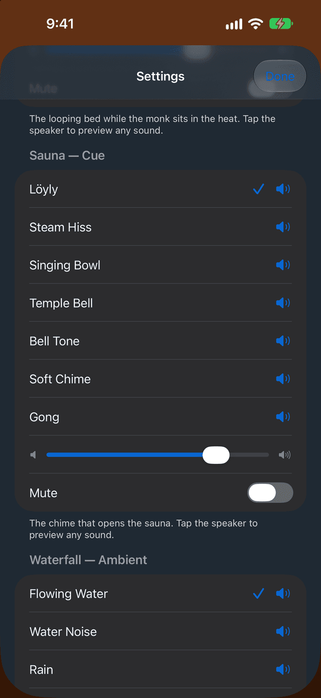 Settings: the list of sauna cues, Löyly chosen, each with a preview button
